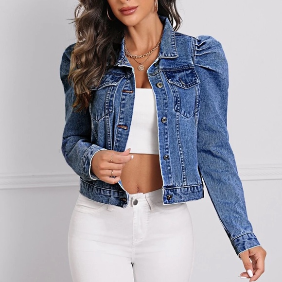 Jackets & Blazers - Medium Wash Distressed Puff Sleeve Button Denim Jean Jacket